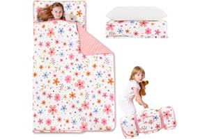 Cozyholy Toddler Nap Mat with Pillow and Blanket Pink Floral Leaves Fleece Kindermat Girls Nap Mats for Preschool Daycare Kids Sleeping Bag Portable Sleeping Mat Toddler Cot Bed for Travel Camping
