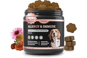 POPPAW Dog Allergy Chews, Probiotics Supplement for Dogs Seasonal Allergies & Immune Support & Gut Health Pro, Mushroom Soft Chews for Joint, Energy, Itching Skin Support, Bacon Flavor - 90 Count
