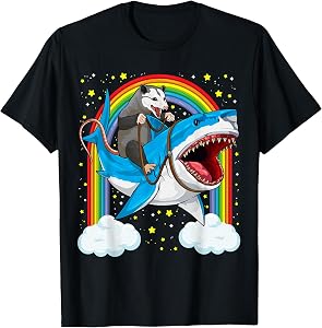 Funny Opossum Riding Shark Possum Trash Marsupial Mashup T-Shirt