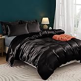 Horbaunal 5 Pieces Satin Duvet Cover Set Queen/Full Size, Black, No Comforter