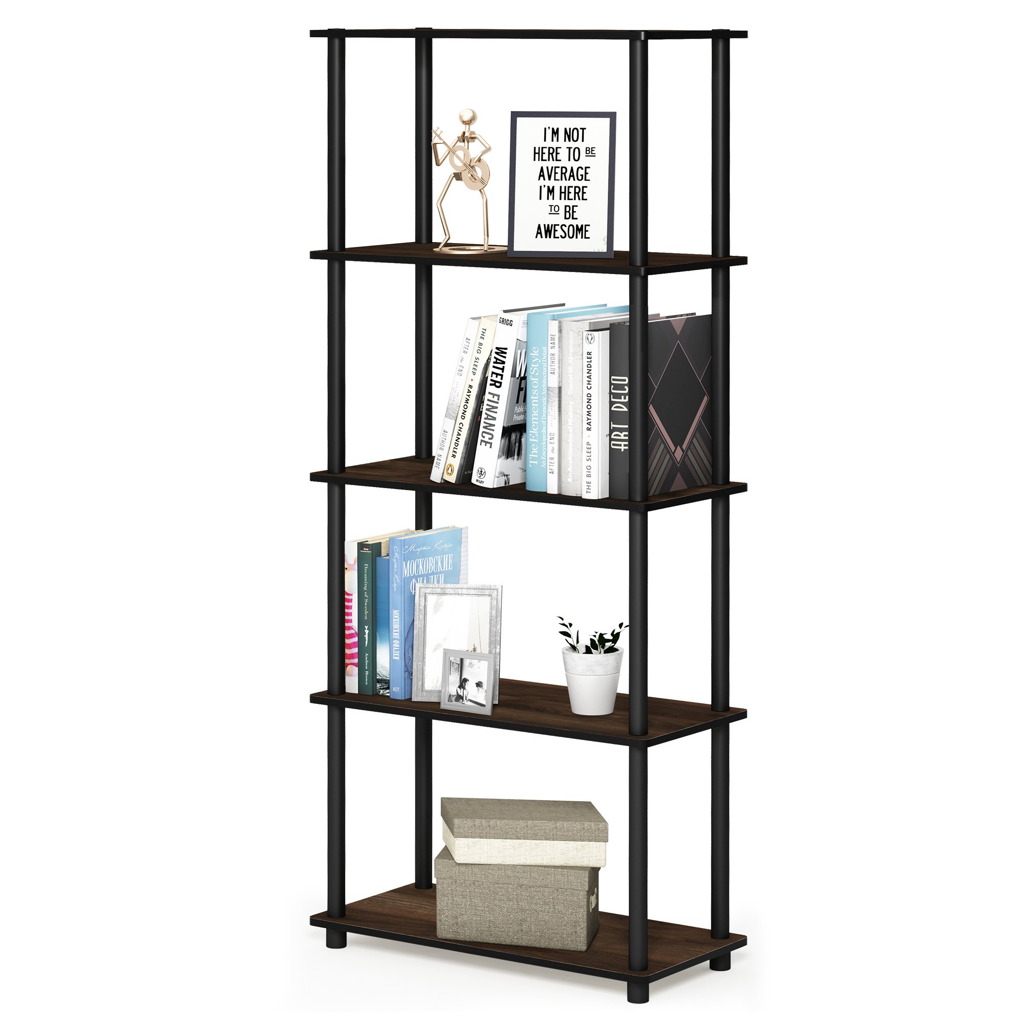 Furinno TURN-N-TUBE Storage Shelves, 5-Tier Book Shelf, Corner Shelf, Toolless Open Shelves, for Organization and Storage, Living Room, Garage, Home Office, Columbia Walnut