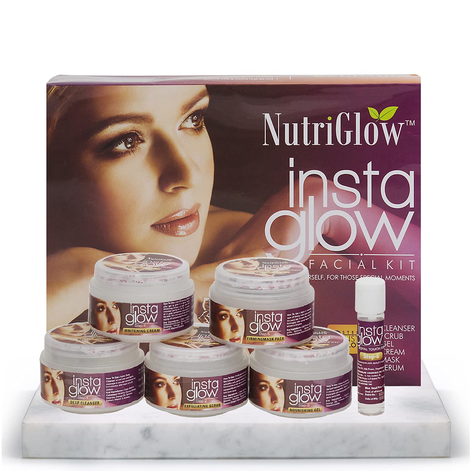 Nutriglow Insta Glow Facial Kit 6-Pieces Skin Care Set with Deep Cleanser, Scrub, Nourishing Gel, Whitening Cream, Mask Pack and Serum, Acne Prone Tan Treatment for Bright Skin, 250 gm + 10 Ml