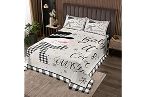 MANFEI Kids Christmas Snowman Bedspread Queen Size,Snowflake Winter Coverlet,Girls Boys Adults Bedroom/Xmas Cabin Decor,Geometric Grids Lattice Quilted Coverlet,Rustic Vintage Bedding Quilt,2 Pillowcases