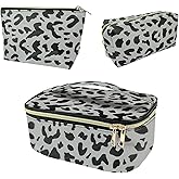 Deokke 3Pcs Makeup Bag,Travel Makeup Bag,Makeup Bags for Women,Makeup Brush Bag,Large Capacity PU Cosmetic Bag,Waterproof and Durable-Gray Leopard Cheetah Pattern
