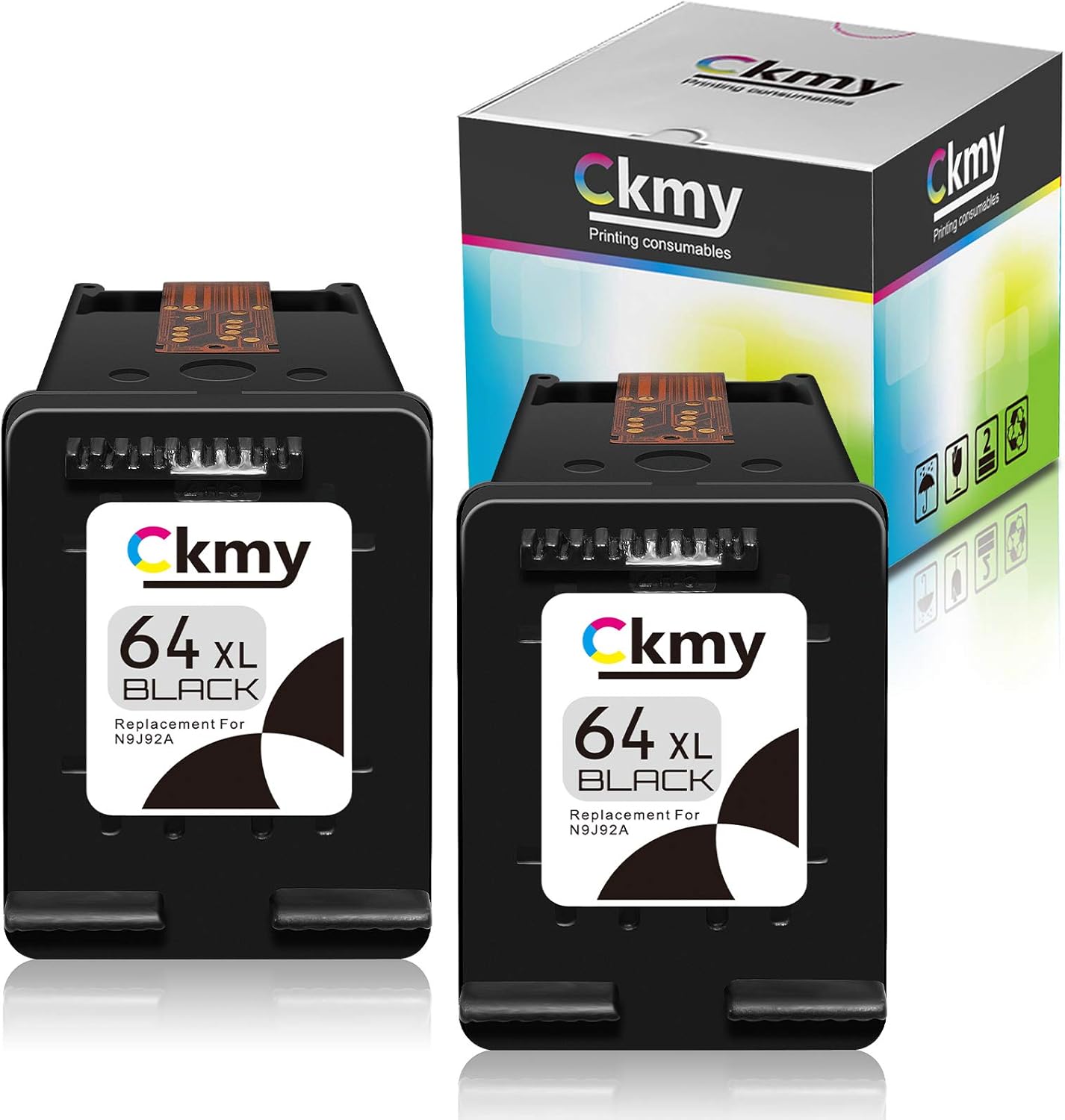 CKMY Remanufactured Ink Cartridge Replacement for HP 64XL 64 XL (2 Black) Use with Envy Photo 7800 7858 7155 7855 6255 6252 7158 7164 6222 7120 7130 Tango X Smart Home Wireless Printer