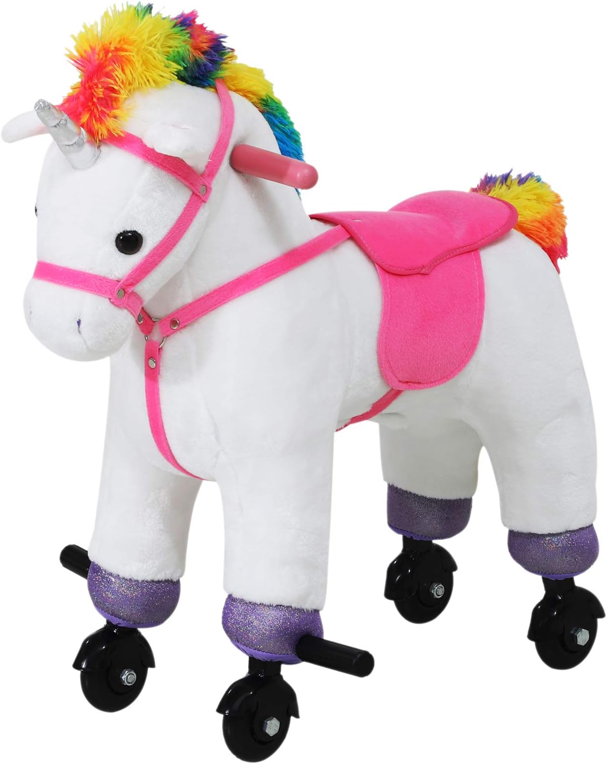 Qaba Walking Unicorn Horse Toy with Wheels and Sound for Kids, Plush Ride-On Battery Operated, White