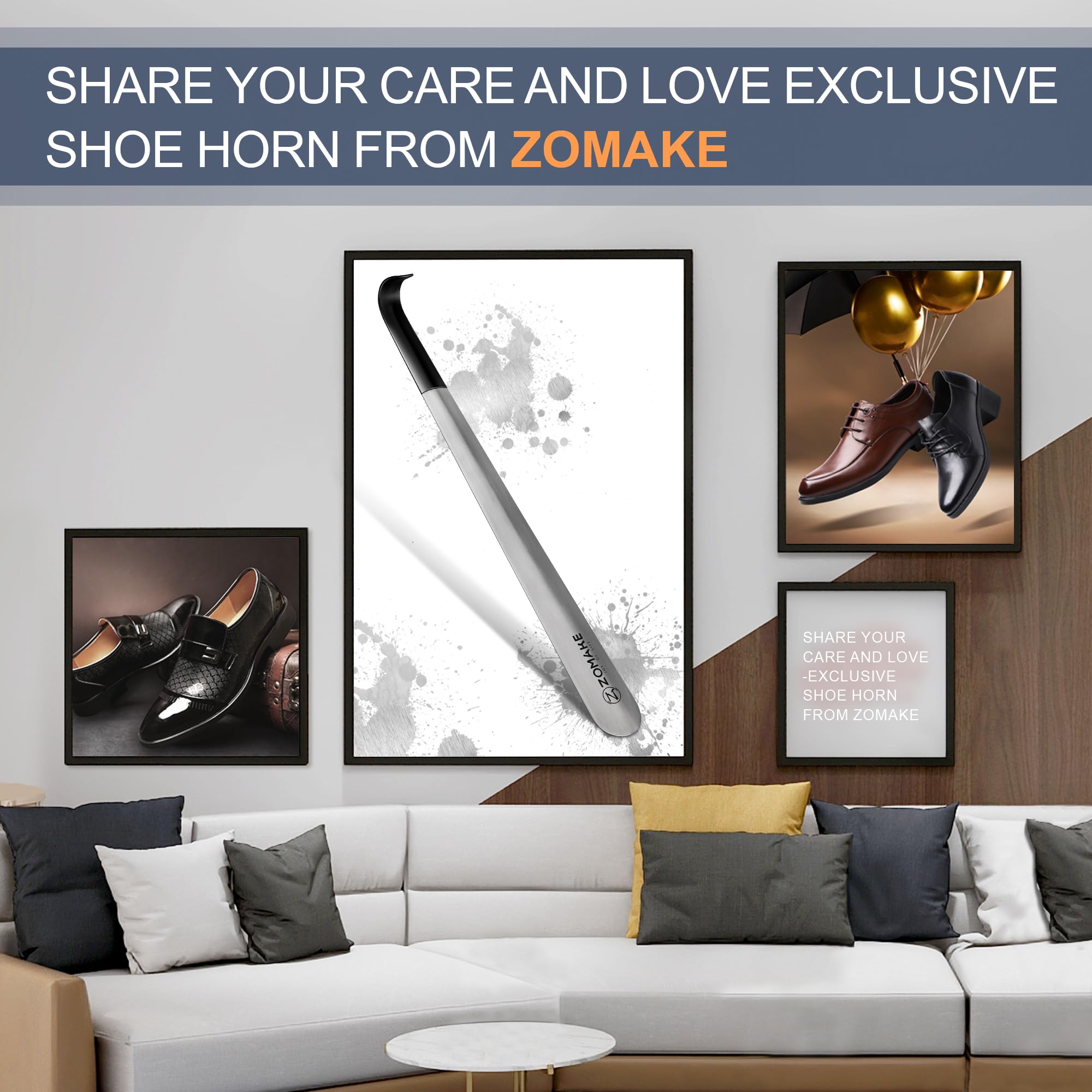 ZOMAKE Long Shoe Horn, 16.5 inches (42 cm), Stainless Steel, For Men, Women, Kids, Elderly, Silver