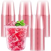 50 Pcs Pink Clear Plastic Cups 12 oz, Bulk Disposable Stemless Wine Glasses, Cute Pink Plastic Party Cups for Meeting Wedding Birthday Valentines Christmas Cocktail Theme Party Supplies Decorations