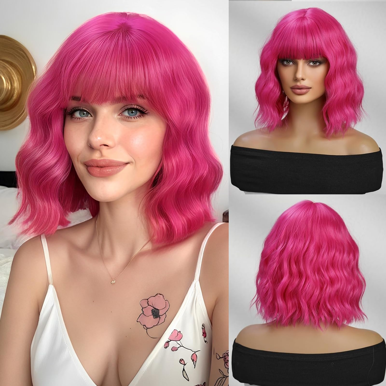 Esmee Short Wave Hot Pink Bob Wigs With Fringe Shoulder Length Wig Curly Wavy Synthetic Cosplay Wigs for Women — image 1