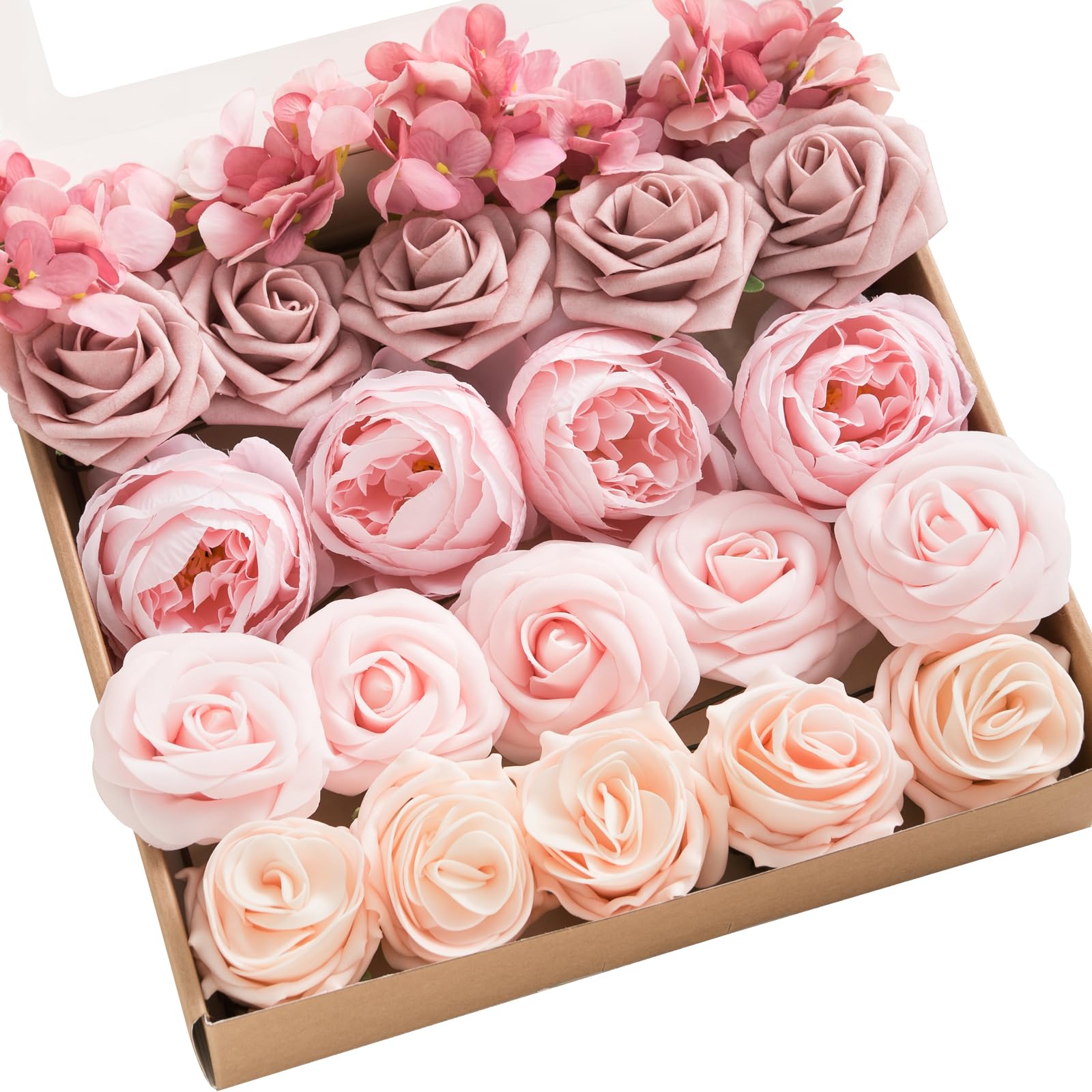 Photo 1 of Ling's Moment Artificial Flowers Fake Silk Hydrangea Foam Roses Faux Gardenia Combo for DIY Wedding Bouquets Centerpieces Arrangements Bridal Shower Party Home Decorations, Pink & Blush, 24pcs