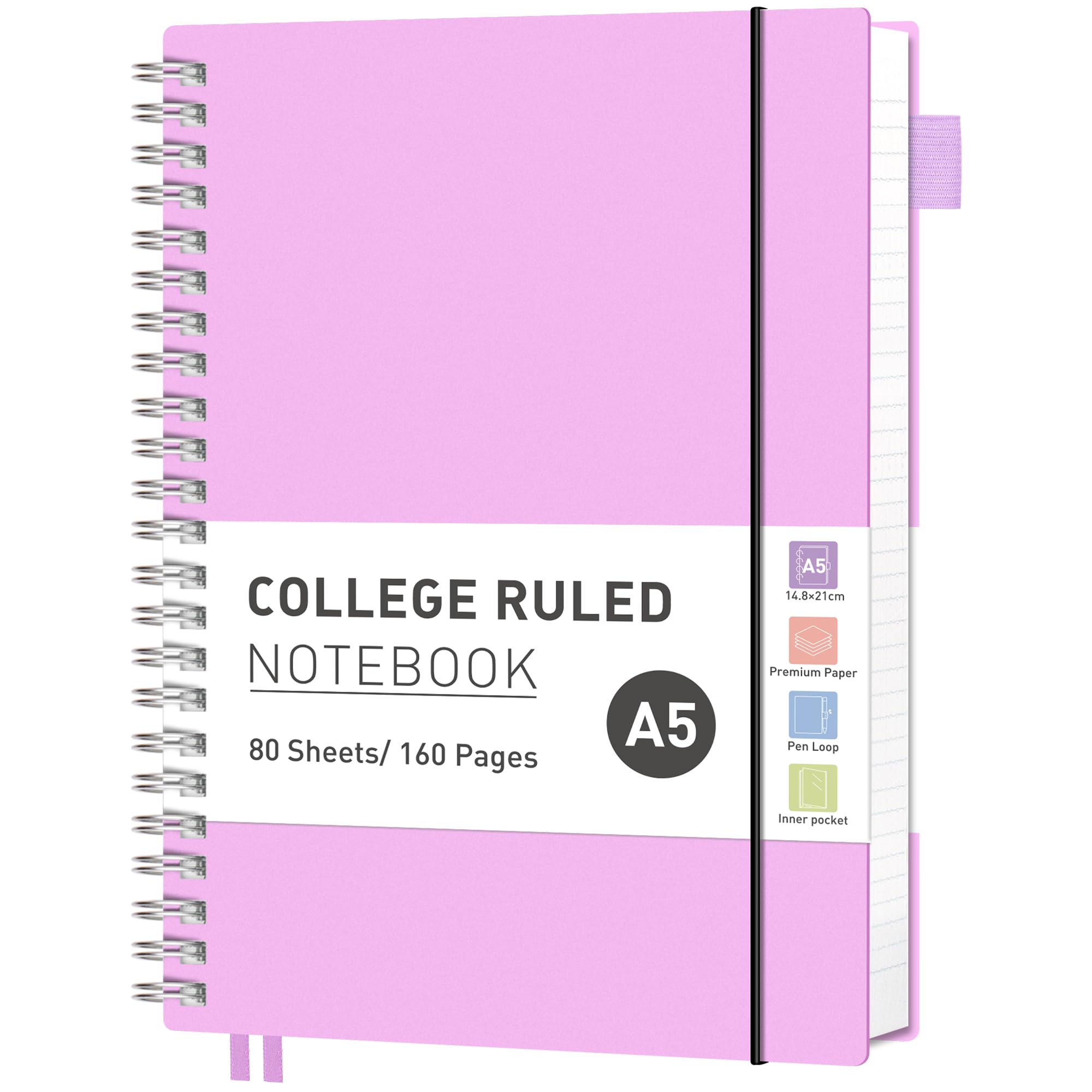RETTACY A5 Notebook, Journals for Women Lined,Wirebound Spiral Notebook 160 Pages for Writing,100gsm College-Ruled Paper, PVC Pocket,Pen Loop, Ruler, Bookmark,14.5 x 20.7cm- Lilac