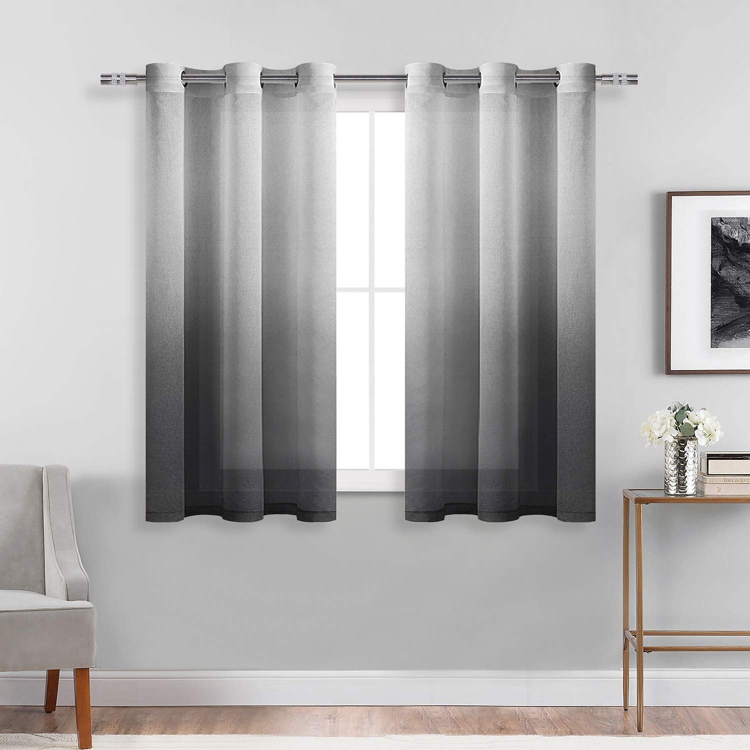 DWCN Ombre Sheer Curtains - Faux Linen Gradient Semi Voile Grommet Top Drapes Bedroom and Living Room Curtains, Set of 2 Window Curtain Panels, 42 x 54 Inch Length, Black
