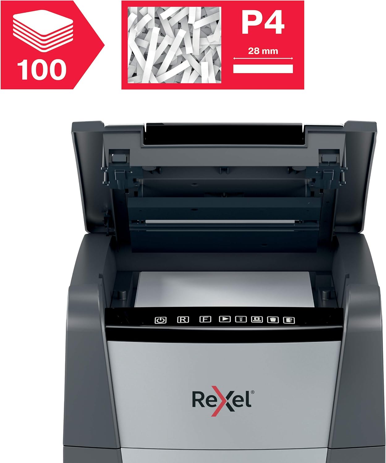 Rexel Optimum Auto Feed+ 100 Sheet Automatic Cross Cut Paper Shredder, P-4 Security, Home/Home Office, 34 Litre Removable Bin - Image 3