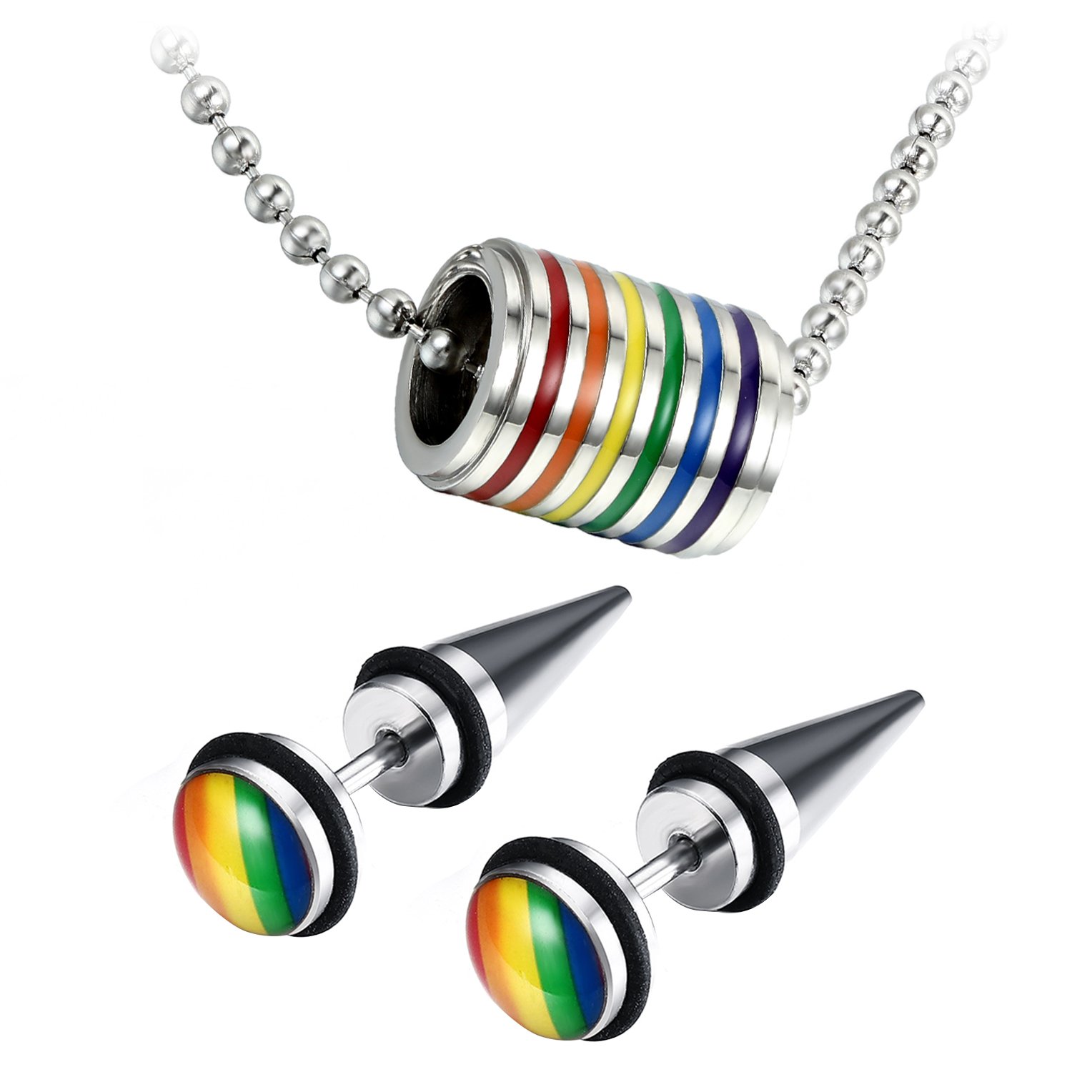 Assorted Gay LGBT Pride Rainbow Pendant Necklace,2pcs 8MM Punk Rock Rivet Earring Studs,Hypoallergenic