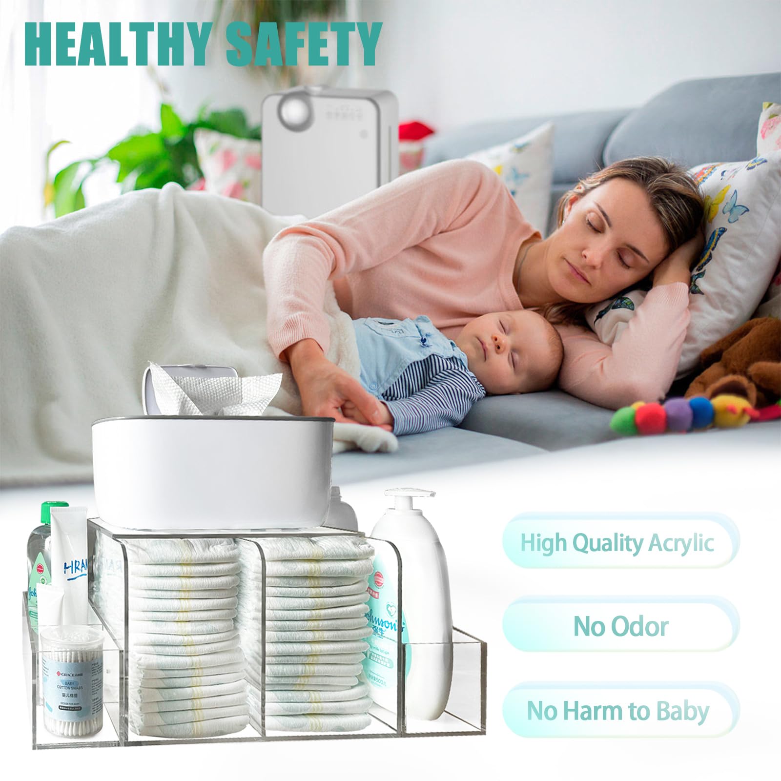 GILPWA Diaper Caddy, Baby Changing Table Organizer, Detachable Clear Acrylic Diaper Storage for Wipe Dispenser, Wipe Warmer and other Diapering Essentials