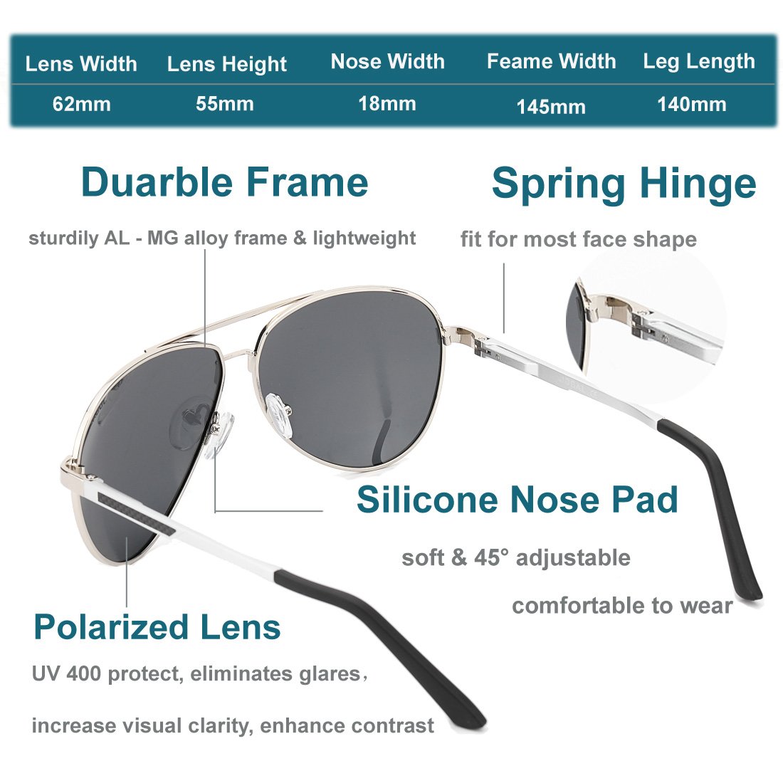 Polarized Aviator Sunglasses for Men Women Driving Vintage UV400 with Sun Glasses Case