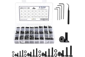JROUTH 1500pcs Screws Assortment , M2 M3 M4 M5 10.9 Grade Alloy Steel Hex Flat Head Cap Bolts Nuts Washers Assortment Kit with Hex Wrenches, A Black Hex Flat Head Cap Bolts, (M2-M5-1500)