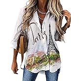 Eiffel Tower Paris Women's T Shirt Long Sleeve Button Down Shirts Blouses Top Tee XL