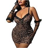 SOLY HUX Women's Plus Size Leopard Mesh Lingerie Set Lace Trim Split Babydoll Chemise Nightgown Sleepwear with Thong