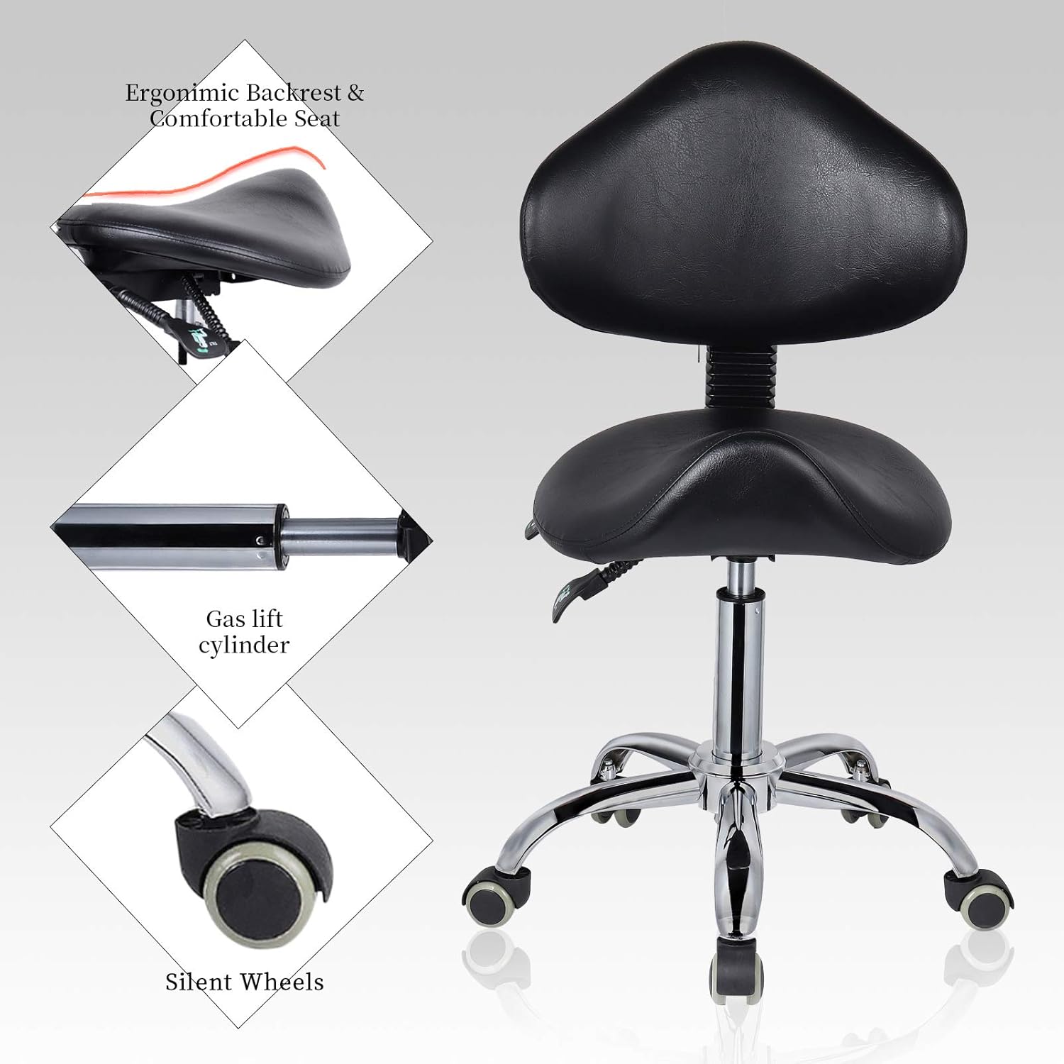 Hydraulic Saddle Rolling Chair, Heavy-Duty Stool Chair with Backrest for Beauty Salon Massage Dental Clinic Office, Black: Kitchen & Dining