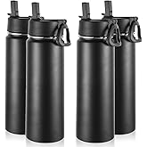 Volhoply Insulated Water Bottles with Straw Bulk 4 Pack, 22 oz Stainless Steel Sports Bottle with Handle Lid,Double Walled Vacuum Metal Travel Water Cups with Wide Mouth for Cold Drink(Black,4 Set)