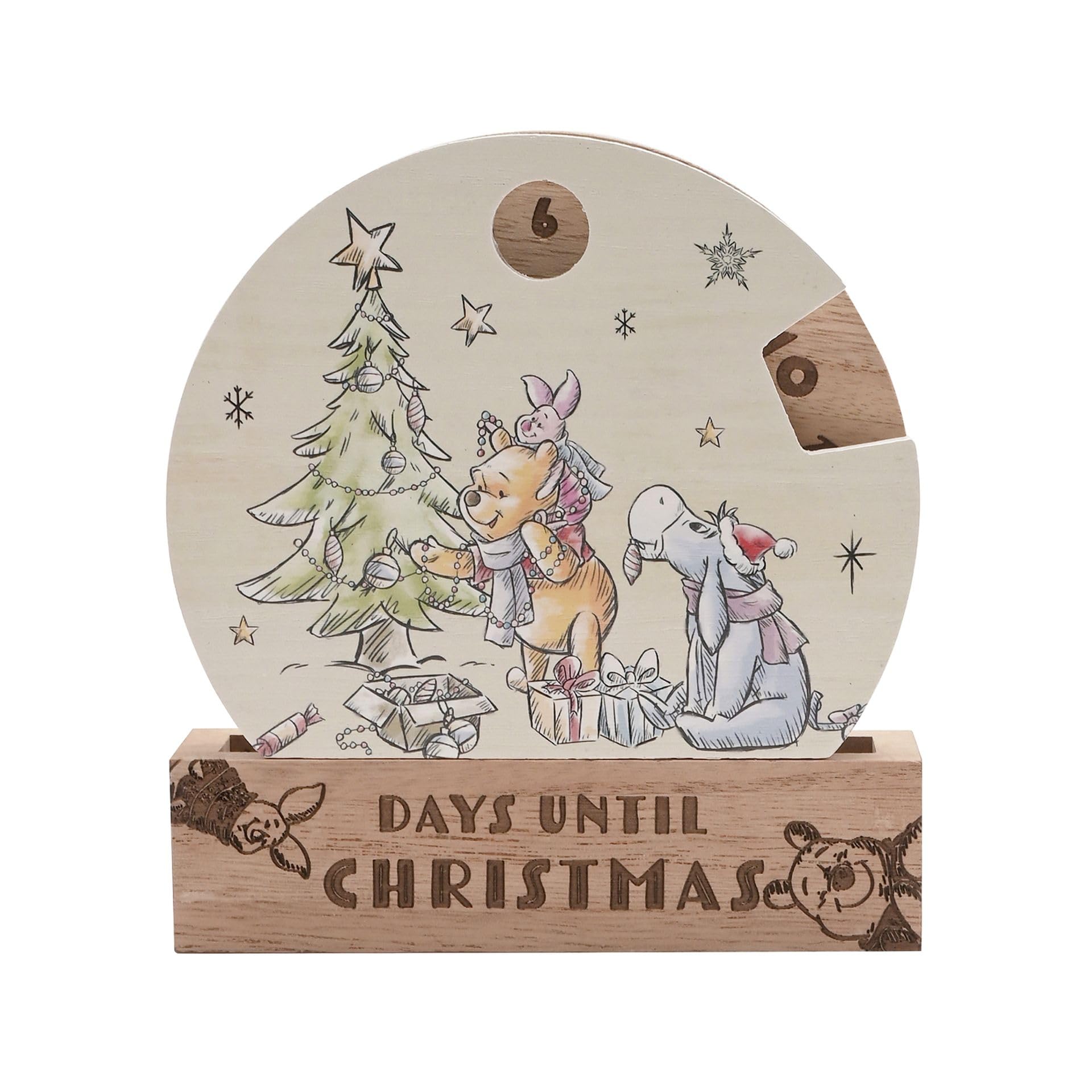 Disney Winnie the Pooh Wooden Countdown Advent Calendar – Days Until Christmas Rotating Wheel Decoration with Stand – Festive Disney Christmas Ornament for Family Home Display