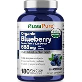 NusaPure Organic Blueberry, Vegan, 668mg, 180 Veg Capsules - 90 Servings | Herbal Formula, Vaccinium Corymbosum Berry 30:1 Extract, USDA Organic, Suitable for Adults, Manufactured in cGMP Facility USA