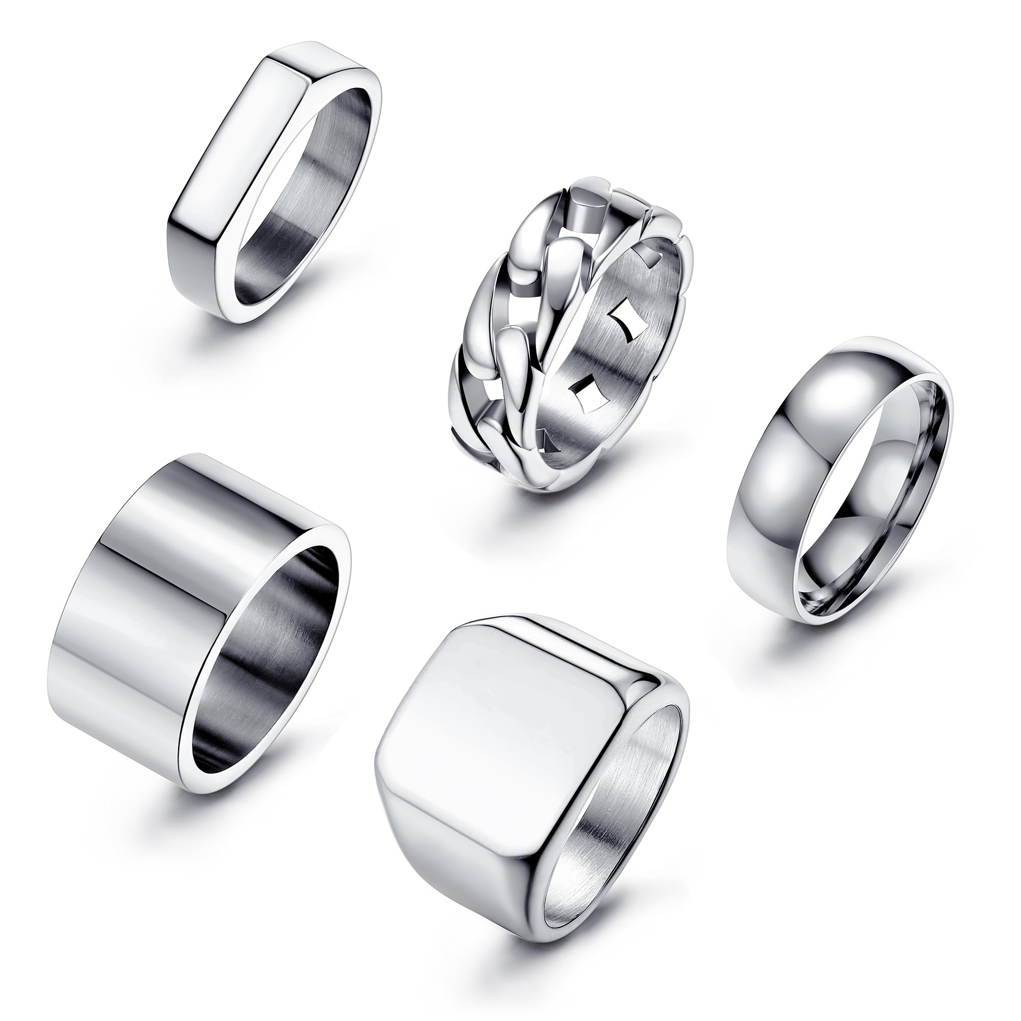Sanfenly 5-Pack 14K Gold Plated Men's Rings - Stainless Steel Square Signet, Chain Link, Wedding Band Set | Sizes 7-15