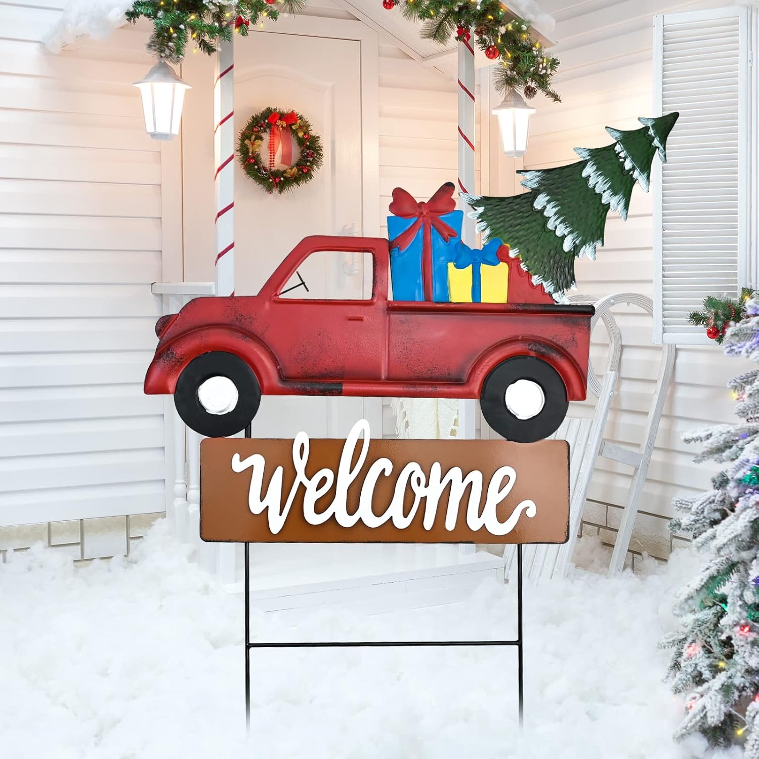 Yard Signs - Metal Red Pickup Truck Welcome Sign with Pumpkin Christmas Tree Loads - Yard Stake Garden Decor for Fall Harvest Thanksgiving Halloween Xmas Rustic Autumn Decoration