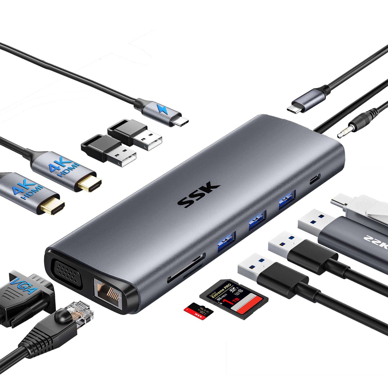 SSK Dual 4K HDMI to USB C Laptop Docking Station,14 in 1 USB C Hub Multiport Adapter with 2 HDMI,VGA,RJ45 Ethernet,5 USBA,1 USB C 3.1 Data Port, SD/TF,PD3.0 For Thunderbolt MacBook Pro Dell HP