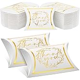 Tenceur 100 Pcs Thank You Pillow Boxes 3.5x2.4x1 Inch Small Wedding Favor Pillow Gift Boxes Thank You Candy Favor Treat Bag for Wedding Bridal Shower Baby Shower Birthday Party(White, Gold)