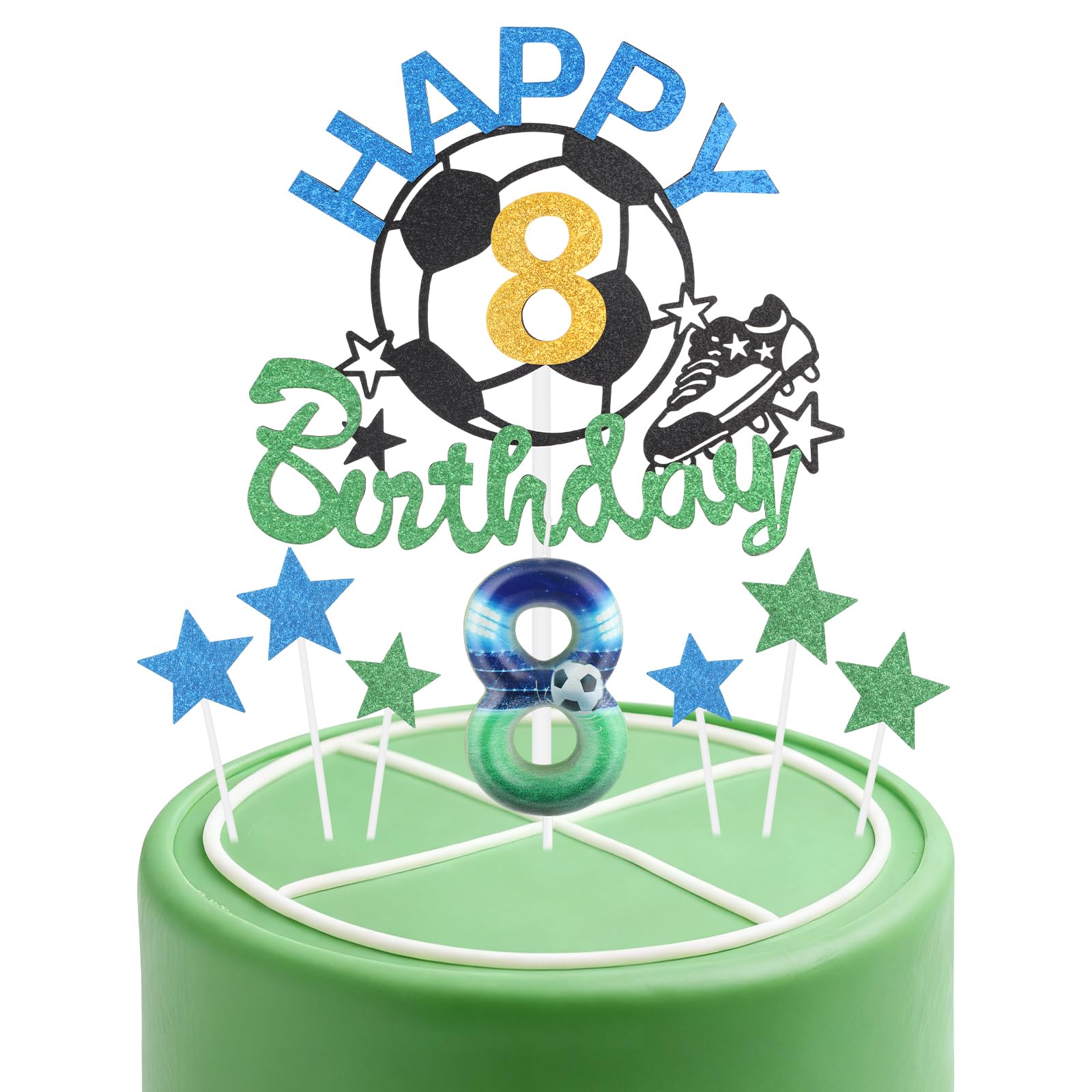 Football Birthday Candles Cake Toppers Set,Soccer Number 8 Candle for Cake,Boys 8th Birthday Decorations,Blue Green Candles Cake Toppers Soccer Cake Decorations for Football Themed Party Supplies