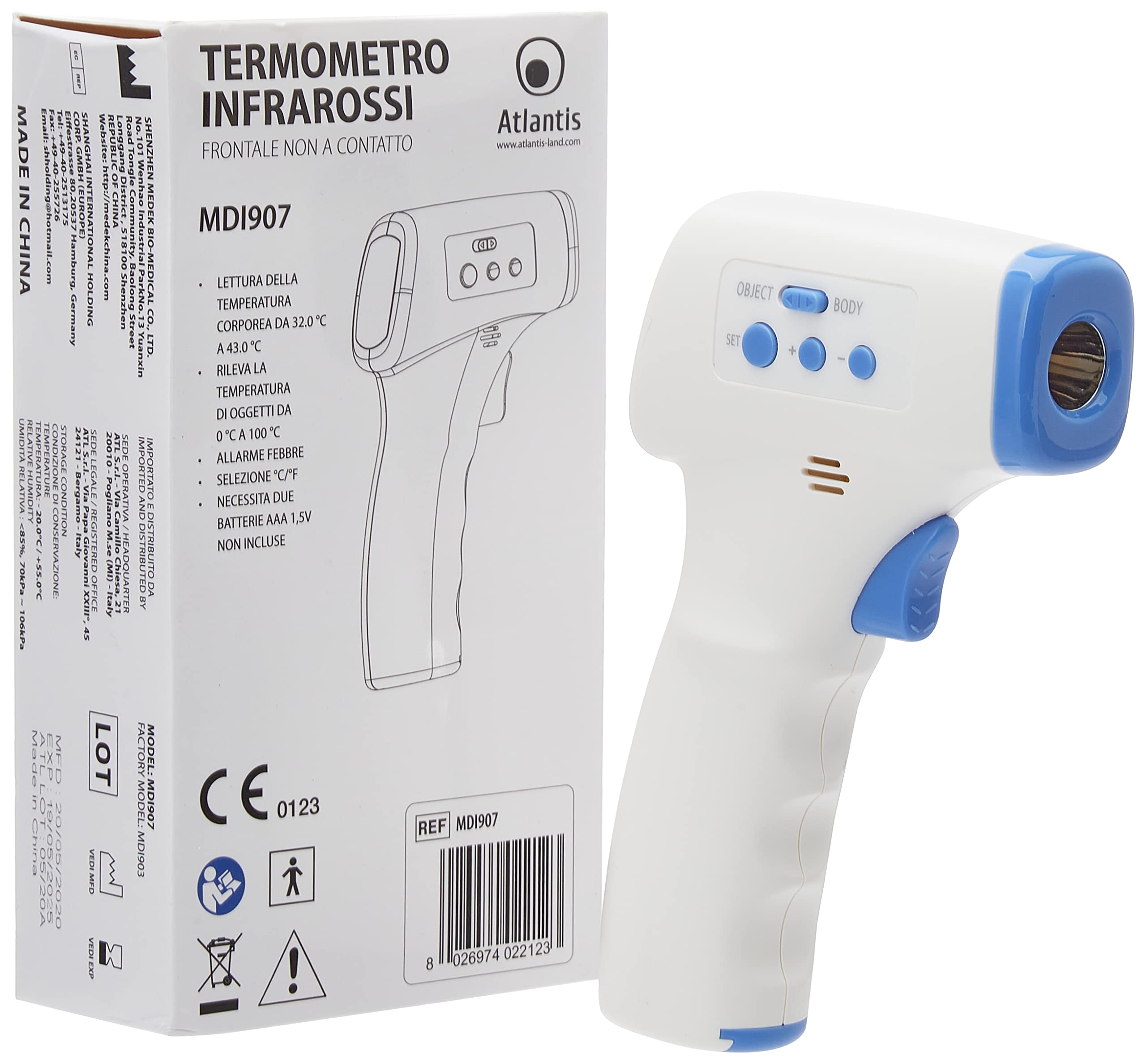 Infrared thermometer MDI907 Front without contact Body temperature 32°C to 43°C Device CE Certified 0123 Registered Ministry Health LCD Display Temperature objects