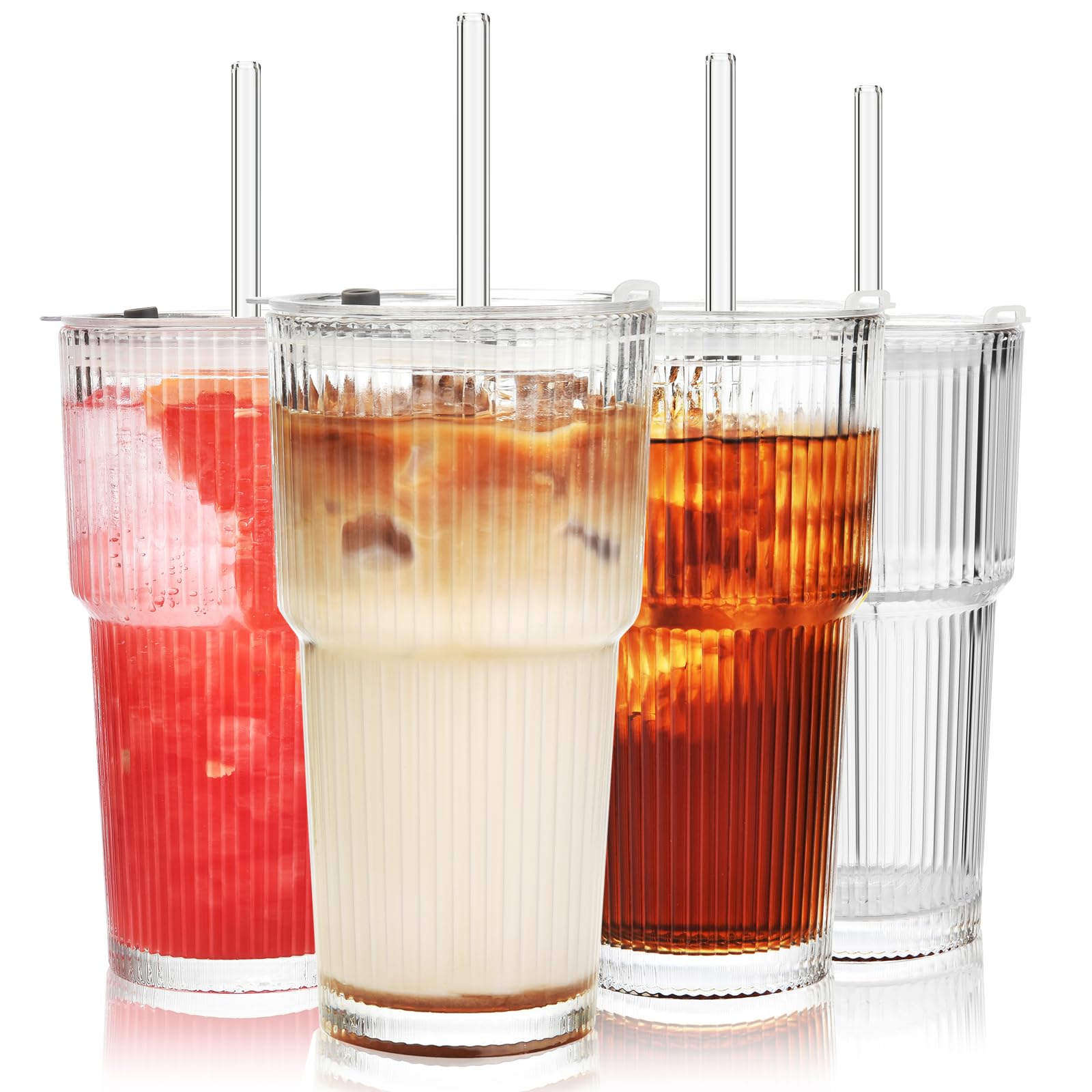 Photo 1 of ALINK 20 oz Ribbed Glass Tumblers with Lids and Straws, Ripple Iced Coffee Cups, Thickened Drinking Glasses for Coffee, Smoothies, Cocktail, Juice, Cold Drinks, Pack of 4 - Clear