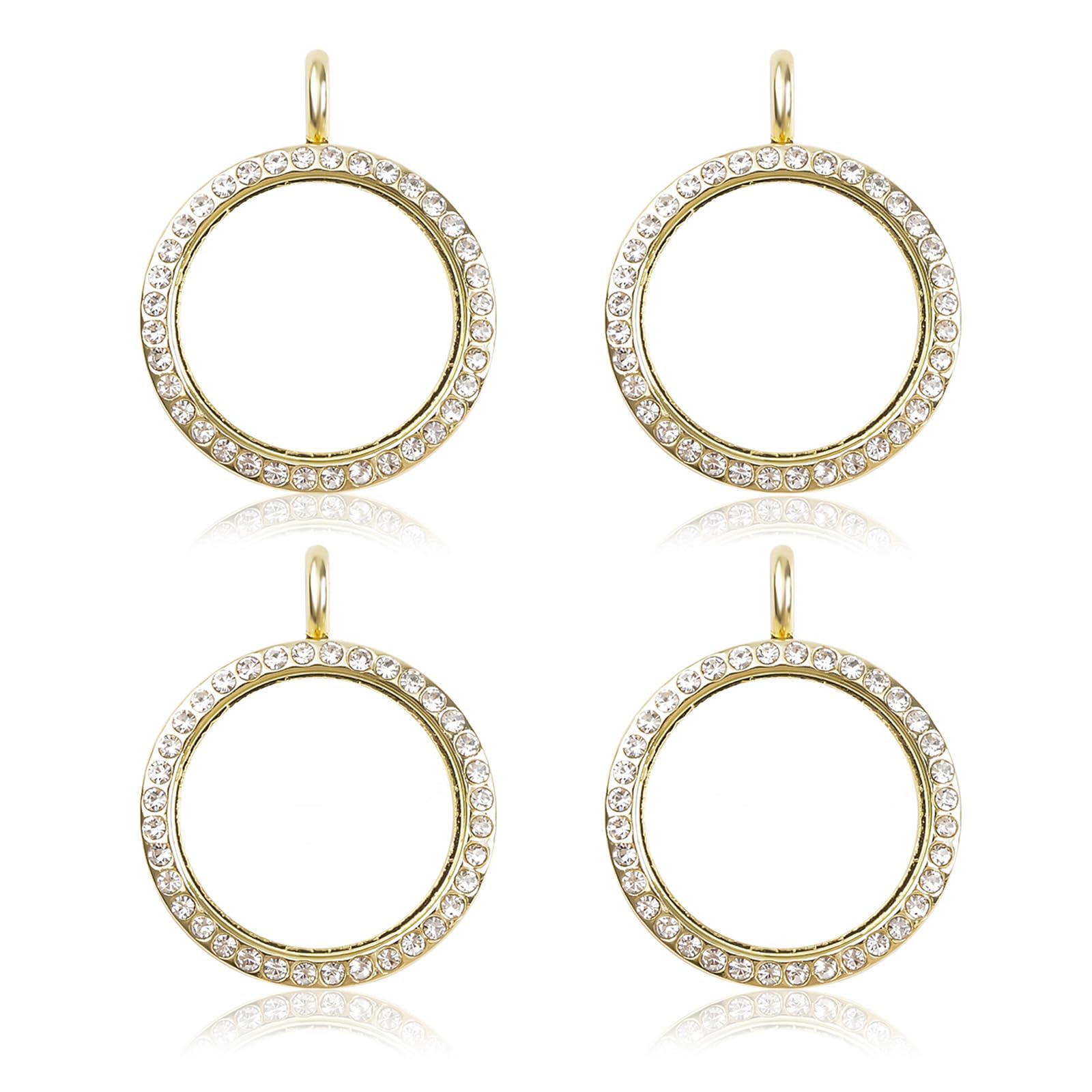 WANDIC Rhinestone Photo Charms, 4 pieces Gold Round Memory Locket Pendant Bridal Wedding Bouquet Charms for Photo or Decoration, 30mm