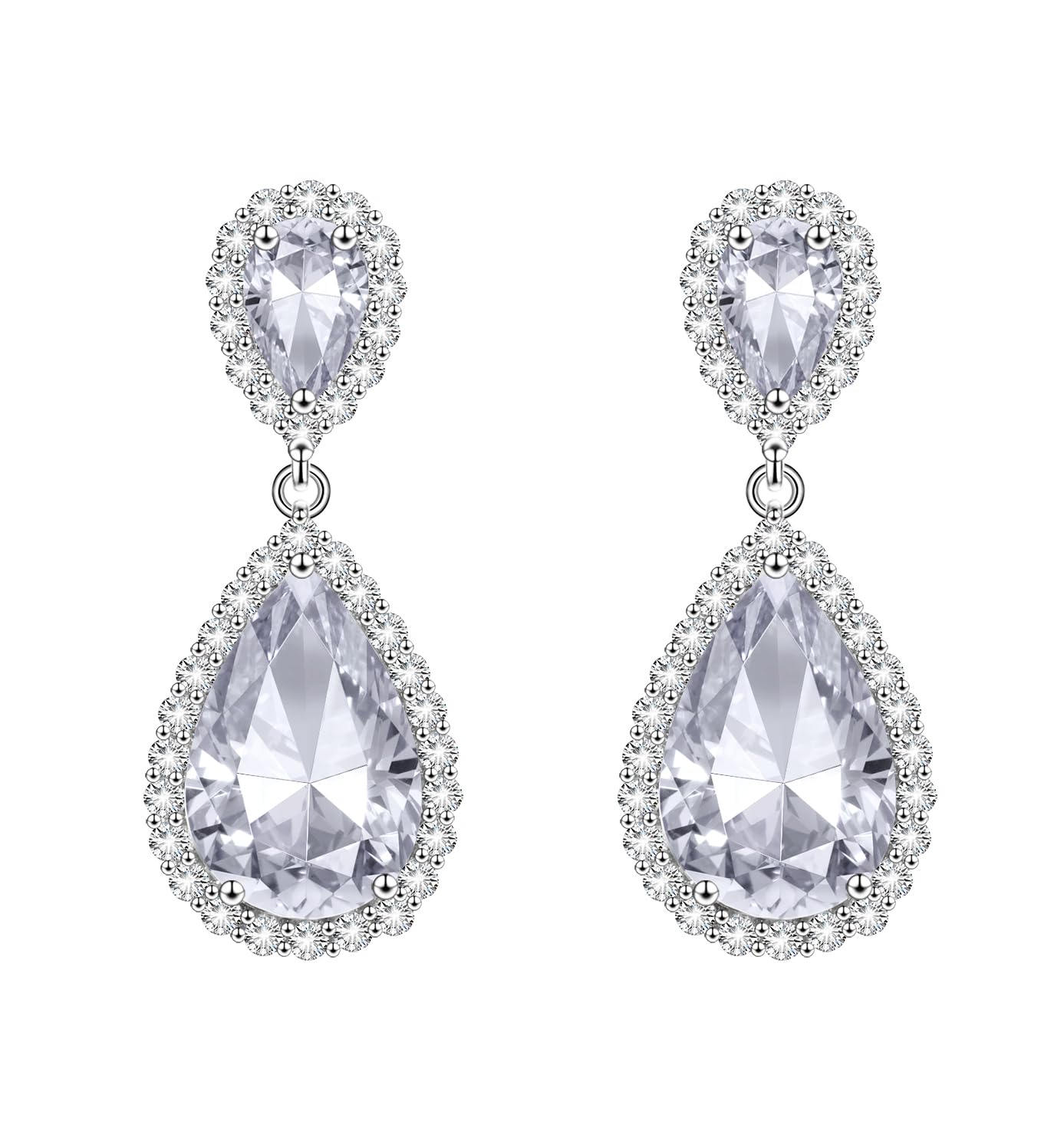 KristLand Silver Tone Elegent 18k White Gold Plated Sparkle Cubic Zirconia Stone Water Drop Dangle Studding Drop Earrings White