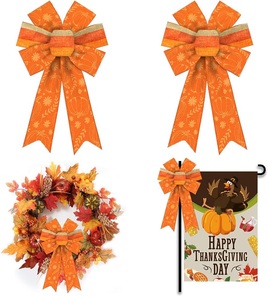 Bows & Ribbons - ALIBBON 2Pcs Fall Bows for Wreaths, Thanksgiving Wreath Bows, Orange Stripe Bows, Pumpkin Leaves Bows for Front Door, Fall Thanksgiving Decor, Burlap Bows for Wreath Indoor Outdoor Wall Decorations