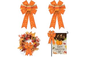 ALIBBON 2Pcs Fall Bows for Wreaths, Thanksgiving Wreath Bows, Orange Stripe Bows, Pumpkin Leaves Bows for Front Door, Fall Thanksgiving Decor, Burlap Bows for Wreath Indoor Outdoor Wall Decorations