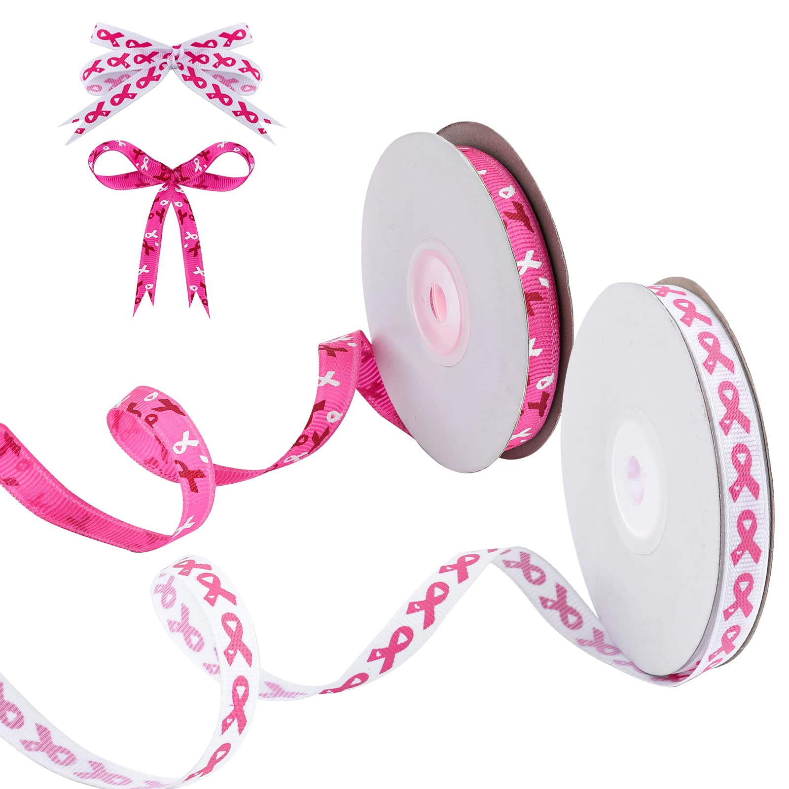 2 Rolls Grosgrain Pink Printed Ribbon,50 Yards Breast Cancer Awareness Ribbon for Cancer Awareness Party Wrapping Wreath Bows Crafts Decor