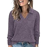 VISLILY Womens-Plus-Size-Tops Collared V Neck Polo Shirts Lightweight Long Sleeve Sweaters Trendy Pocket Decor Tunic Blouses