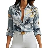 WDIRARA Women's Marble Print Button Down Long Sleeve Shirt Collar Blouse Top