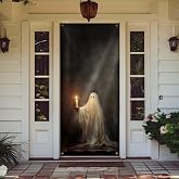 Likjad Halloween Ghost Gothic Door Cover Decorations, Dark Academia Candle Ghost Halloween Doorway Curtains Door Covers Banners Photography Background Backdrop for Indoor Outdoor Decor, 35 * 79 Inch