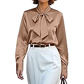 CBOO Women's Bow Tie Neck Button Down Shirts Silk Blouses Long Sleeve Elegant Satin Blouse Casual Dressy Business Tops