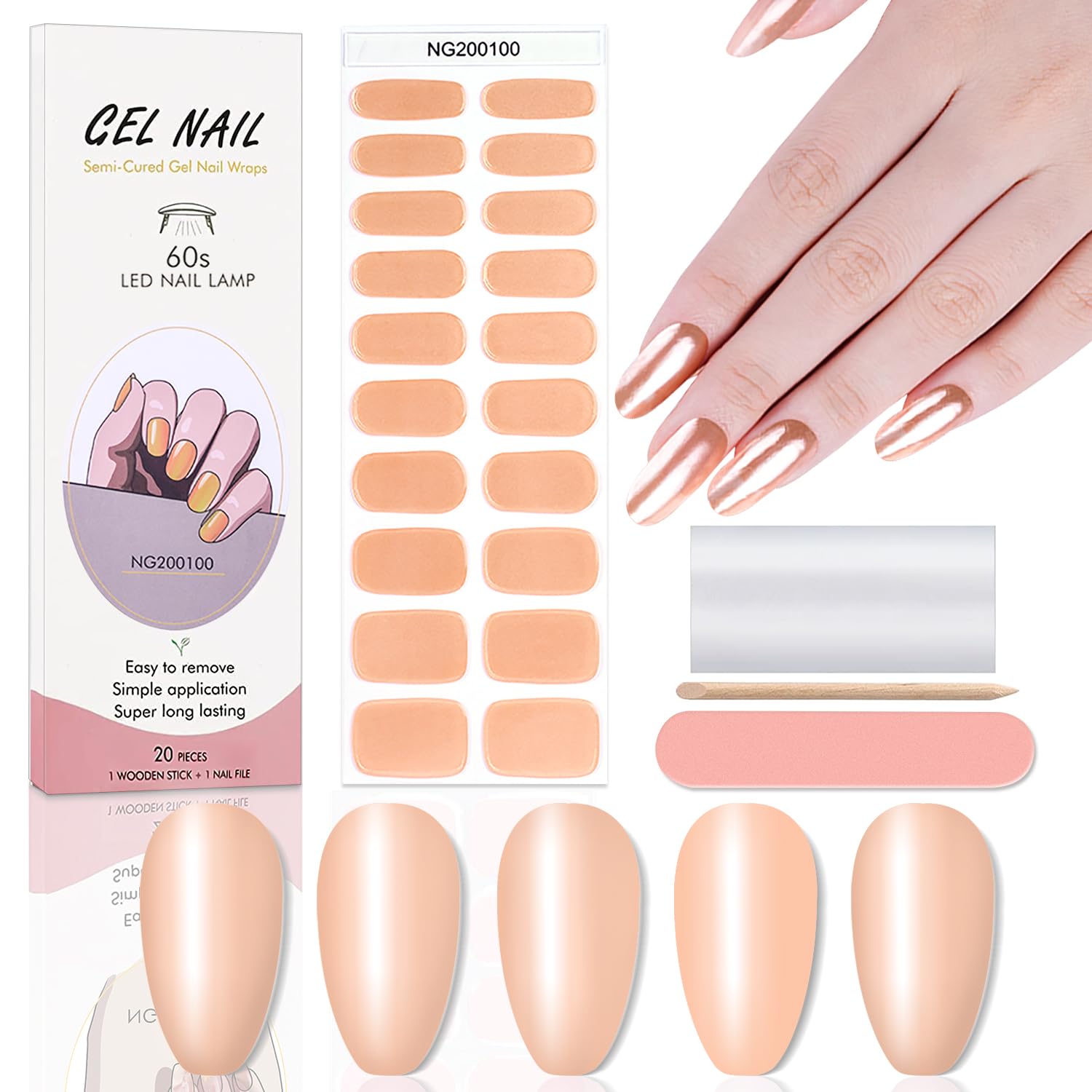 Photo 1 of WOKOTO 20 Pcs Chrome Peach Pink Semi Cured Gel Nail Strips with Nail File & Wooden Stick Holographic Nail Gel Strips UV Light Gel Nail Stickers Full Nail Wraps Stick On Nails Color Strips for Women