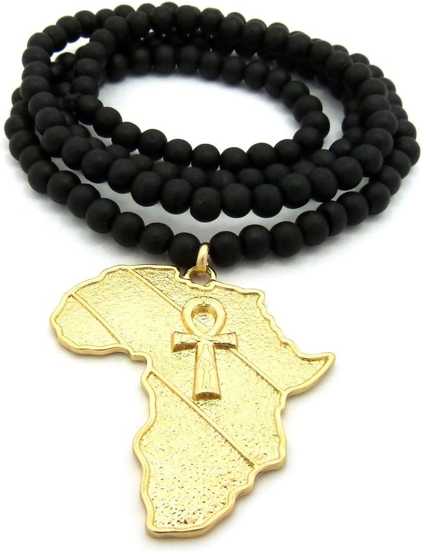 Shiny Jewelers USA Mens Egyptian Ankh Cross Africa Map Power Fist Gold Pendant 6mm 30" Wooden Bead Necklace