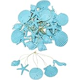 30 Pieces Resin Starfish Seahorse Sanddollar Conch & Seashells Set with Rope for Christmas Tree Hanging Ornaments Beach Theme Wedding Home Decor & DIY Crafts (Blue)
