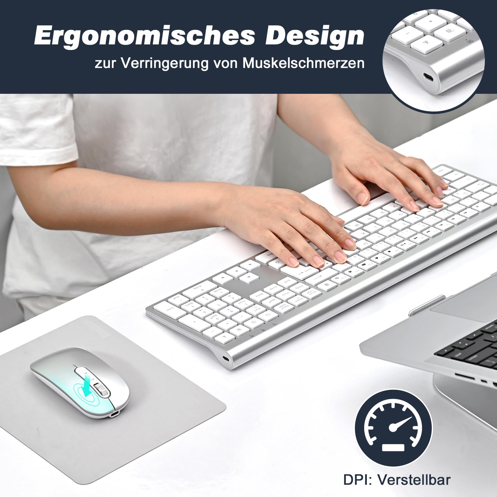cimetech Tastatur Maus Set Kabellos 2.4G Aufladbar Ergo Slim für PC/Laptop 4