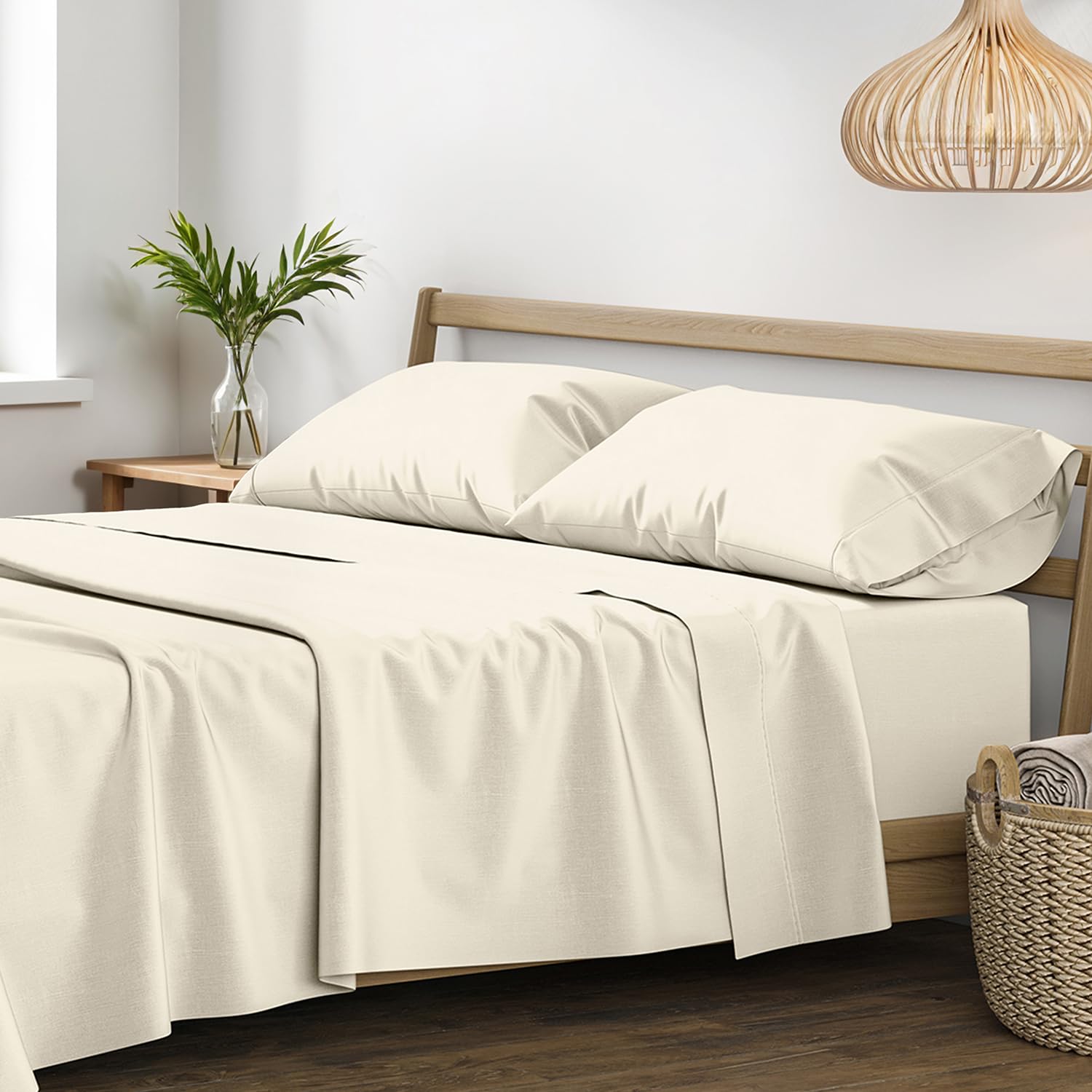 Photo 1 of XOOX Linen 100% Egyptian Cotton Queen Sheet set - Luxury 1200 High Thread Count Egyptian Cotton Sheets Queen Size Bed Set (4 PC, Ivory), Silky Soft, Cooling, 17" Deep Pocket Sateen Weave Hotel Bedding
