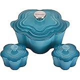 Le Creuset Enameled Cast Iron 2.25qt. Flower Cocotte and (2) Stoneware Mini flower Ramekins