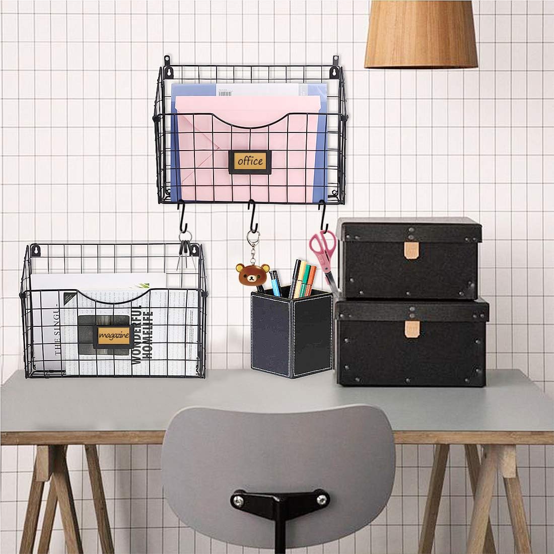 Stackable Hanging Wall Files Rack with 9pcs S Shape Hooks, 3-Tier Metal Folder Wall File Holder with Tag Slot Mounts on Wall and Door for Office, Home, and Work Easy Organizing, Black(Patent Pending) : Office Products